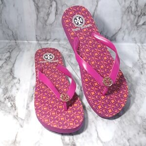 Tory‎ Burch Thandie Logo Print Women's Flip Flop Sandals Size 7 Pink & Orange